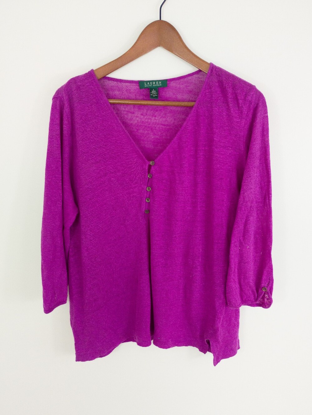 Lauren Ralph Lauren 100% Linen V-Neck Henley Top Magenta Pink Size Large